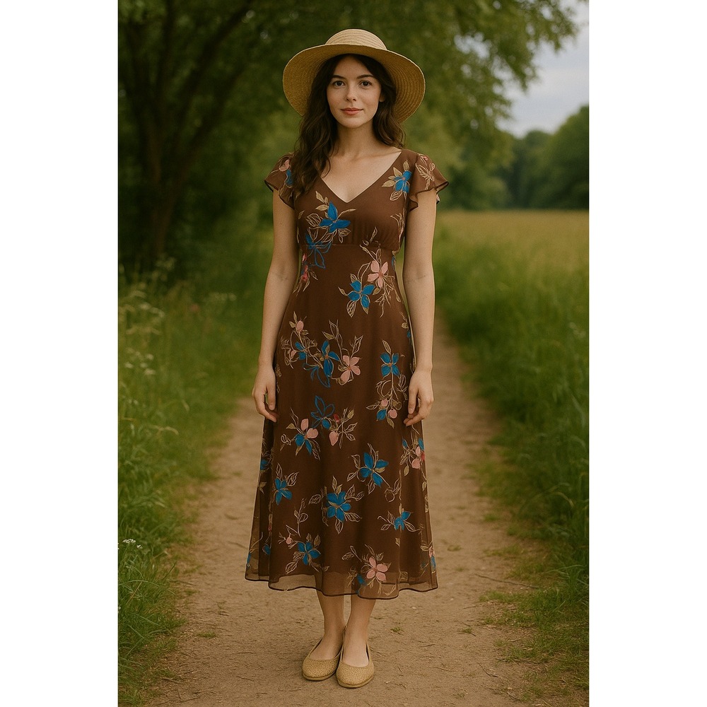Boho Cottagecore Prairie Farm Brown‎ Floral Flutter Sleeve V Neck Midi 14 Dress